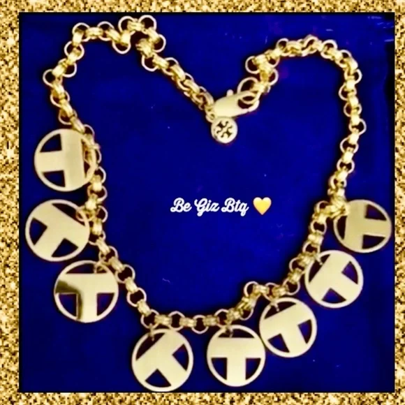 🔥🔥Tory Burch Authentic Shiny Gold Unique T Round Charms Logo Necklace - Picture 1 of 7